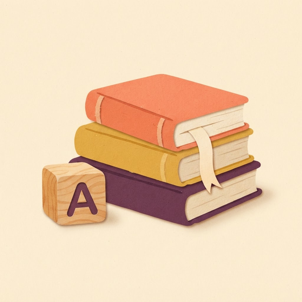 A small stack of colorful handmade picture books with a ribbon bookmark and a wooden letter block