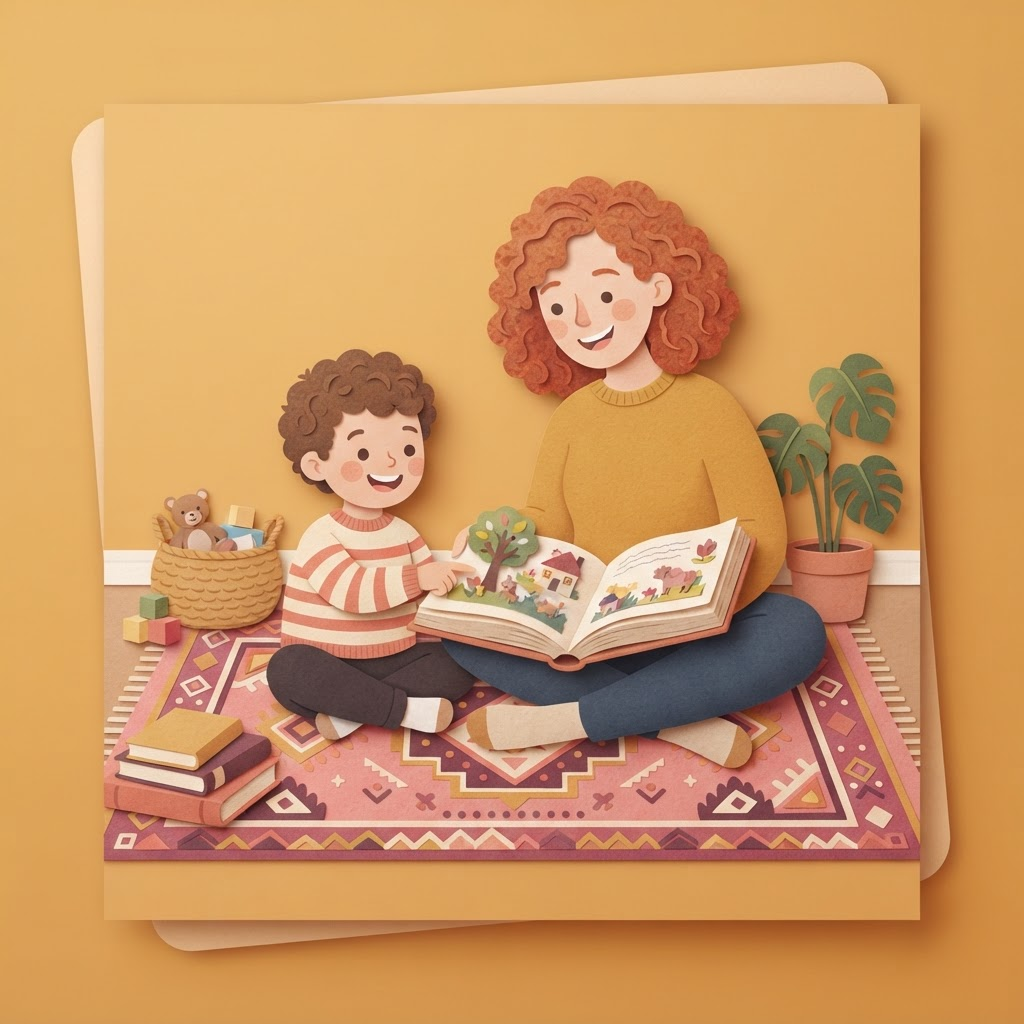 A parent and a young child sitting together on a rug, reading a picture book and pointing at the words
