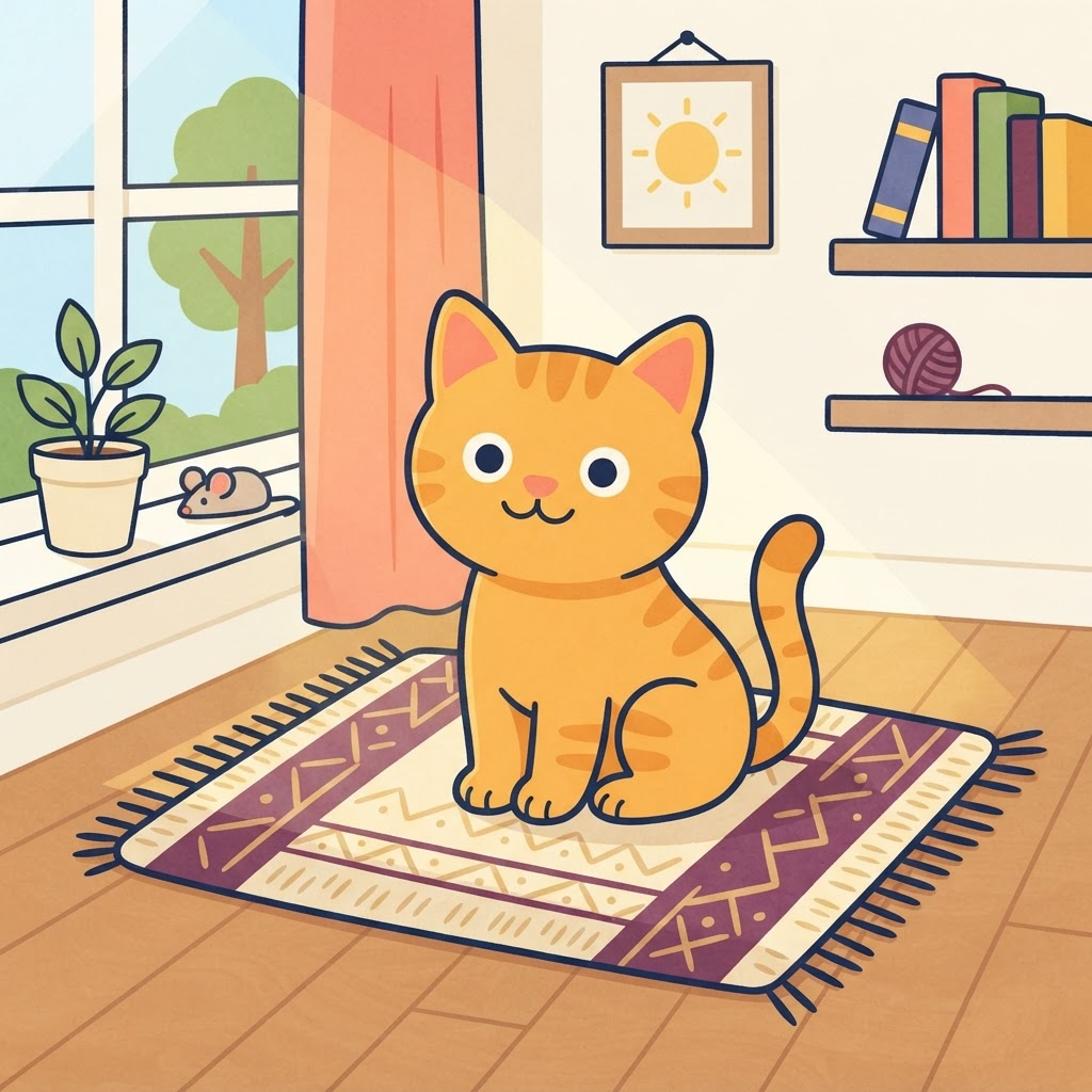 Storybook illustration of a small orange cat sitting on a woven mat in a sunny room